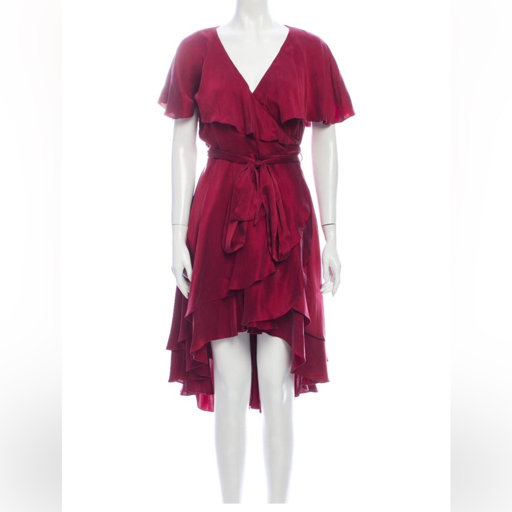 Zimmermann Burgundy Ruffled Silk Hi-Low Wrap Dress